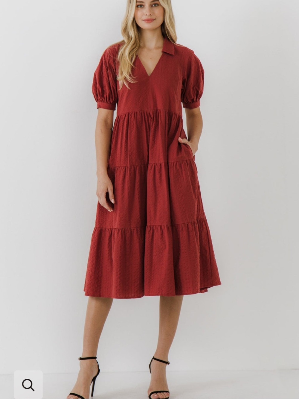 Free the Roses Rust Red Tiered V-Neck Midi Dress with Puff Sleeves